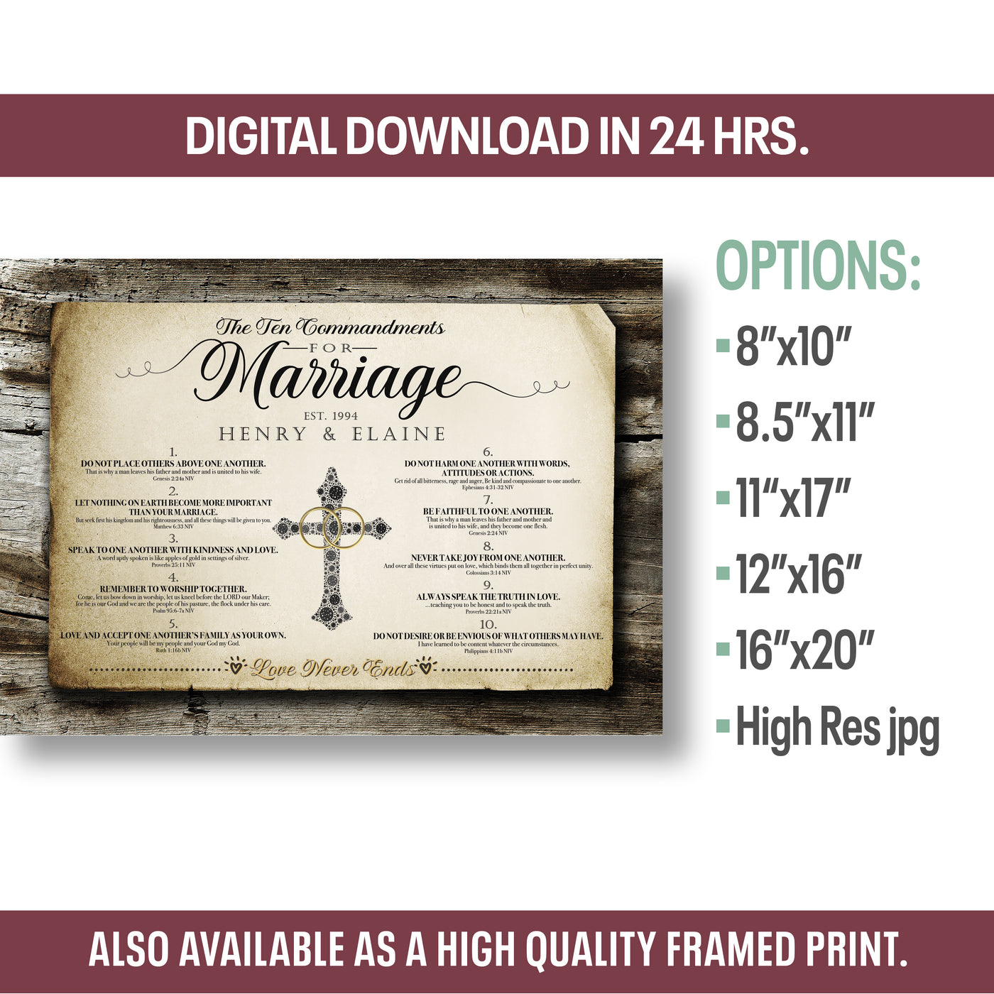10 Commandments for Marriage | Personalized Print Digital Download, Wedding Gift, Anniversary Gift | Style A Rustic