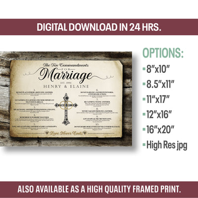 10 Commandments for Marriage | Personalized Print Digital Download, Wedding Gift, Anniversary Gift | Style A Rustic