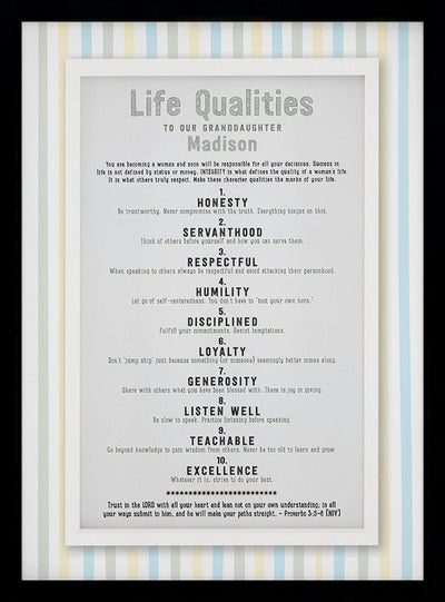 Life Qualities | Personalized Grad Daughter Granddaughter Niece Gift, Print, Wall Decor