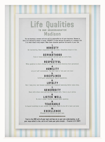 Life Qualities | Personalized Grad Daughter Granddaughter Niece Gift, Print, Wall Decor